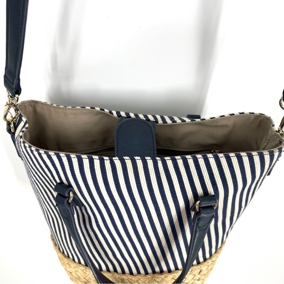 Talbots Navy Striped Canvas Corn Husk Straw Woven Bucket Bag Shoulder Purse - Picture 11 of 16